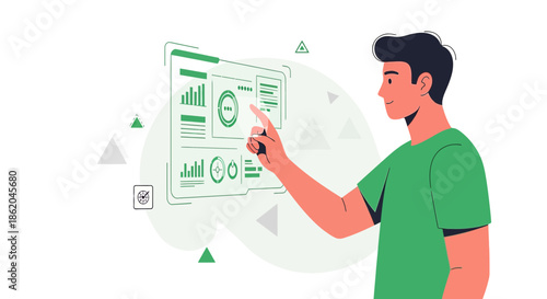 Man interacting with a data visualization interface using touch screen technology for innovative