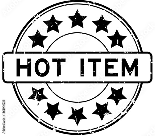 Grunge black hot item word with star icon round rubber seal stamp on white background