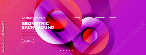 Abstract geometric background features vibrant curves, gradients. Text elements present website navigation, brief description.