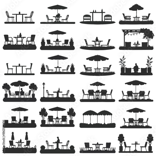 Vector set of black silhouettes of outdoor cafe and restaurant settings with tables, chairs, umbrellas, and plants isolated on white