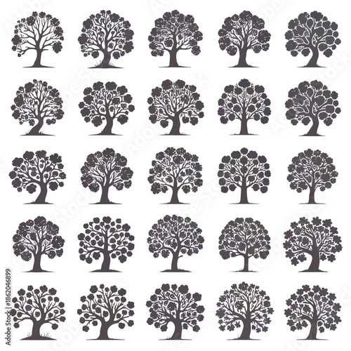 Collection of various tree silhouettes on white background vector