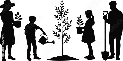 Family gardening silhouette with parents and children planting tree, eco lifestyle concept, nature care, environmental education vector illustration set