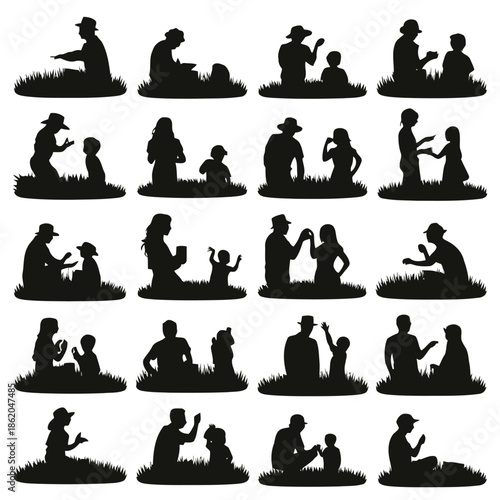 black silhouettes of people and children in various playful and interactive poses in grassy areas outside