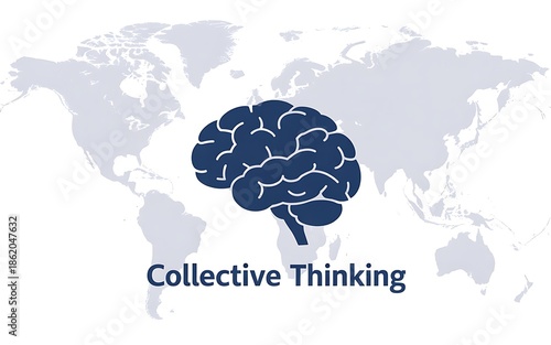 Brain illustration with collective thinking concept on world map background