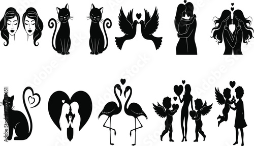 Romantic Love Silhouette Collection Featuring Couples, Cats, Angels, Flamingos, Hearts, and Valentine Symbols in Elegant Black Vector Style