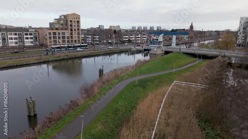 Aerial reveal shot of Diemen, a town and municipality in the province of North Holland, Netherlands