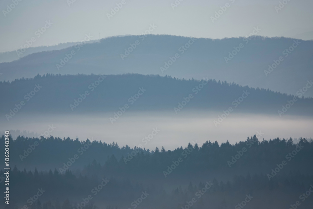 Obraz premium SILHOUETTE: Layered mountain ridges disappearing into winter fog under gentle morning light. The misty atmosphere and subtle tones convey peace and depth in this quiet natural mountain landscape.