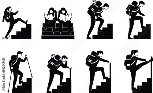 Black and white of people climbing stairs with backpacks and using different techniques