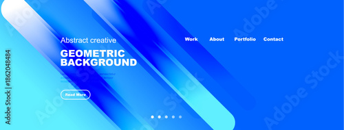 Bright blue abstract background with text elements. Includes navigation options, button, dots. Modern design for website header.