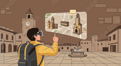Man using virtual reality glasses for augmented sightseeing in a historical urban area with