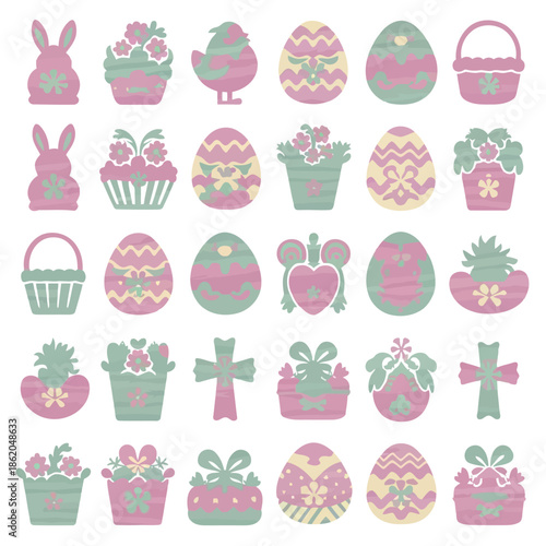 Easter-themed vector icons with pastel pink and green eggs, bunnies, baskets, and flowers on white background