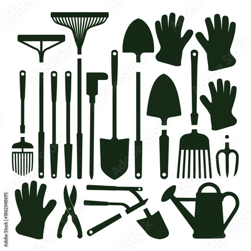 Collection of dark green gardening tools and accessories on white background vector