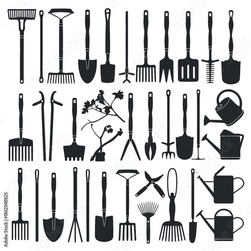 Collection of black gardening tools and equipment on white background vector