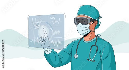 Medical professional interacts with futuristic interface displaying vital signs data for analysis