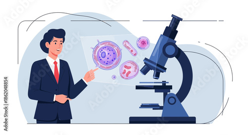 Medical professional presenting cell biology research with a microscope setup illustration
