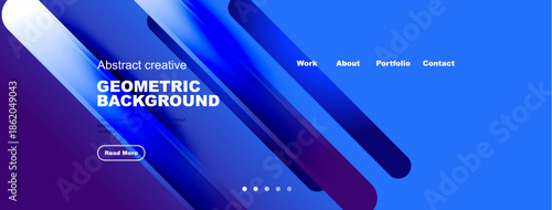 Abstract blue design features geometric shapes, text overlays, navigation menu. Modern aesthetic suitable for website header or banner.