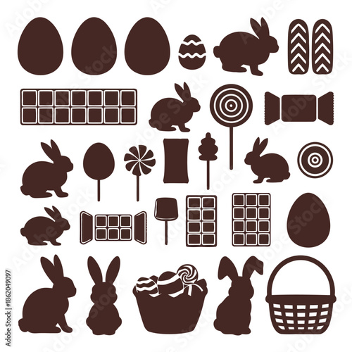 Easter-themed brown icons including eggs, bunnies, candy, and chocolate on white background vector