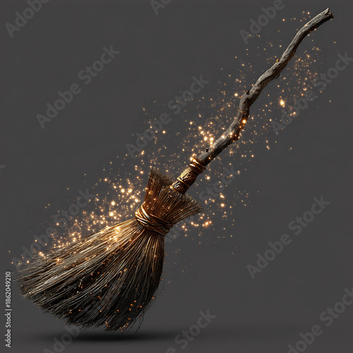 Magical broomstick dissolving into golden sparkles