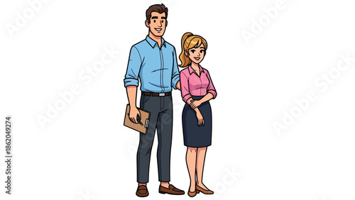 Professional man and woman standing together, holding documents, in a corporate environment, viewed from the front.