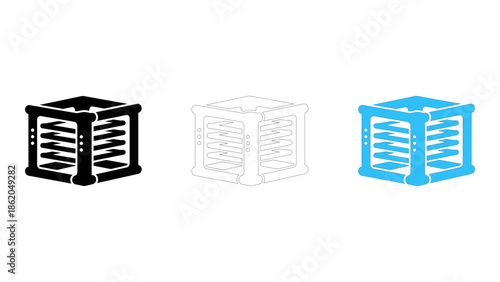 Black and white icon illustration of a computer hard drive cage assembly component