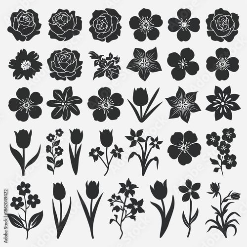 Collection of black and white floral silhouettes on white background vector