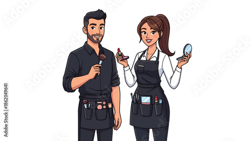 Professionals in uniform holding tools and devices in a workplace setting