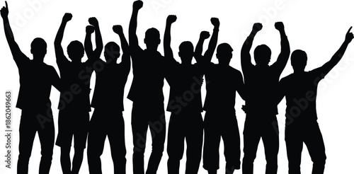 Silhouettes of group raising arms in celebration, black figures, expressive gesture, white background, unity and emotional movement illustration