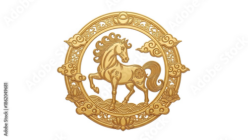 Golden horse in an ornate circular frame with traditional Asian motifs.