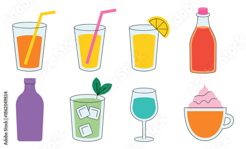 Cocktail and Drink Icons, Vibrant Glass Illustrations Featuring Different Beverages, Alcoholic and Non-Alcoholic Drinks, Bar and Party Vector Artwork.