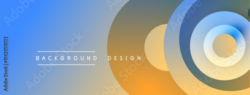 Abstract gradient background features concentric circles. Blue transitions to orange, creating dynamic visual effect. Minimalist design elements present.
