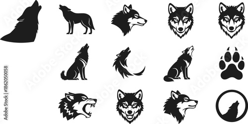 Black and white wolf and paw print in various poses and styles wolves silhouette