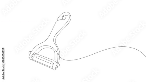 Peeler kitchen continuous line. Continuous one-line drawing Peeler kitchen. Kitchen, equipment concept. single line drawing, continuous line drawing of a vegetable peeler. One drawing of a vegetable. 