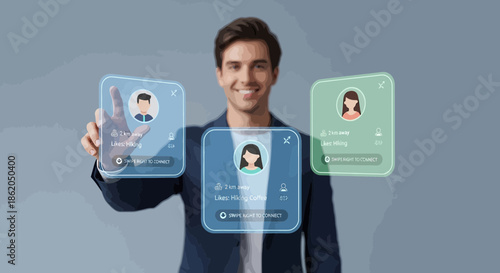 Modern digital interaction concept with a smiling man and transparent dating profiles