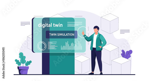 Modern digital twin technology concept featuring data analytics and visualization simulation