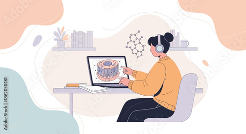 Modern illustration of a student learning molecular biology with digital tools at home