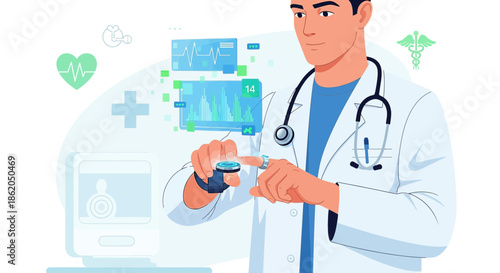 Modern healthcare professional utilizing advanced wearable technology for patient care and