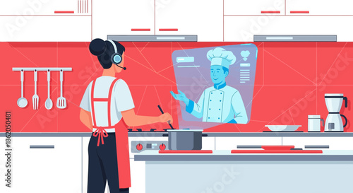 Modern kitchen scene with a woman receiving holographic cooking guidance in her home setting