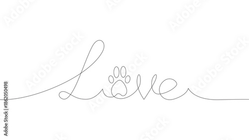 Love handwritten with a pet footprint. Love hand-drawn lettering with a pet footprint. One line drawing of writing love with a paw. Cat and dog love icon. Vector illustration.