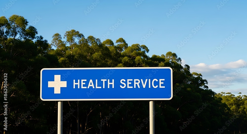 Fototapeta premium Health service sign in front of trees under blue sky