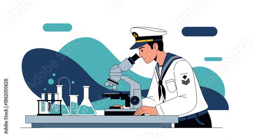 Naval researcher in laboratory environment analyzing samples using a microscope