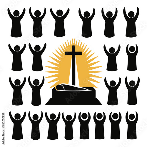 set of vector silhouettes of people with hands up