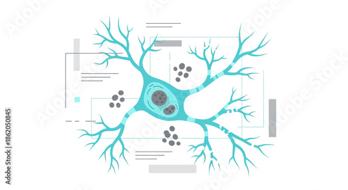 Neuron illustration depicting cellular communication and neurological functions in the body