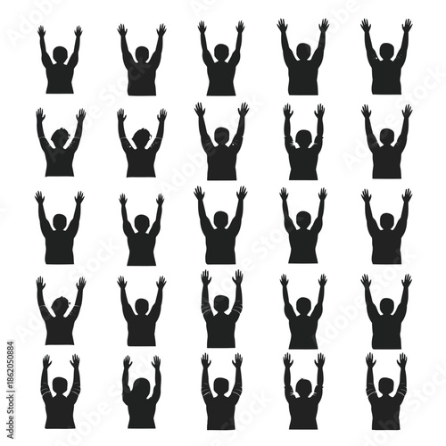 Collection of black silhouettes of people with hands raised on white background vector