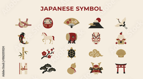 Japanese Symbol Icon Grid Vector – 30 Stylized Motifs in Red, Black, Gold for Cultural Design, Education, Heritage Appreciation, and Graphic Art Projects