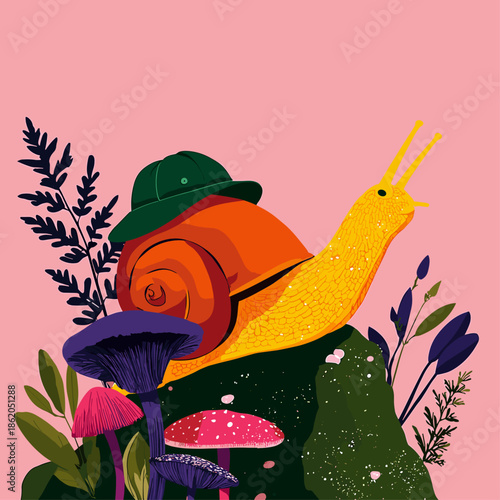 Playful cartoon snail in a vibrant forest setting