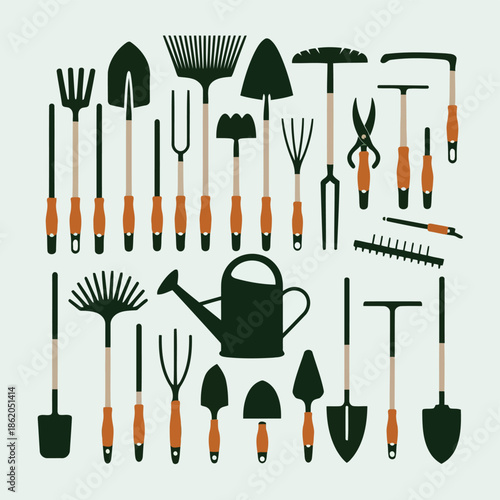 Collection of green gardening tools and watering can on light green background vector