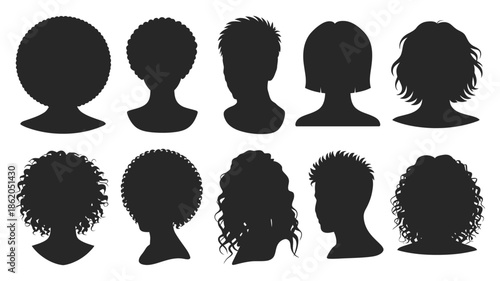 Silhouettes, Diverse Human Profiles Featuring Women and Children With Different Hairstyles, Vector Illustration Showing Various Ages, Faces, and Ethnic Diversity.
