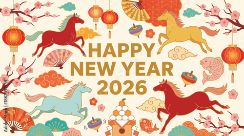 Lunar New Year 2026 Celebration Vector – Horses, Lanterns, Cherry Blossoms, Fans, Dumplings, and Gold Text for East Asian Holiday, Zodiac, and Cultural Design Projects