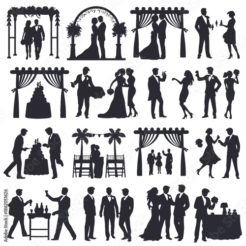 black silhouettes of wedding couples and guests in various romantic and celebratory moments together high quality