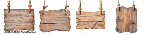 Rustic Boards Array: A collection of aged wooden signboards hanging, showcasing the raw beauty of natural wood and timeless appeal, ideal for adding a touch of rustic charm.